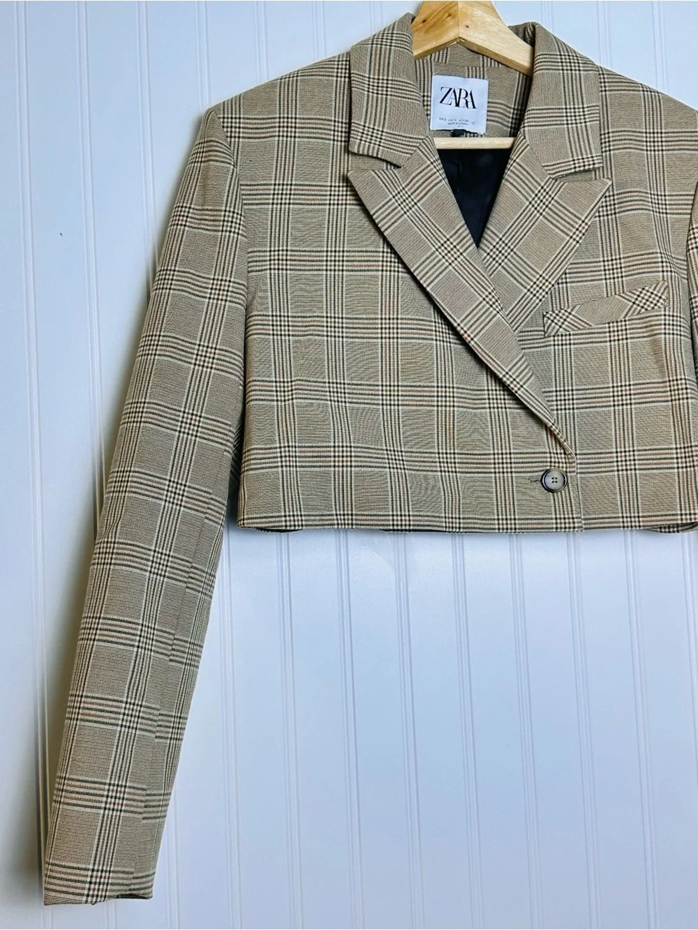 Zara Crop Blazer Jacket Plaid Tan Brown Boxy Blogger Preppy Business Casual S - Picture 7 of 16